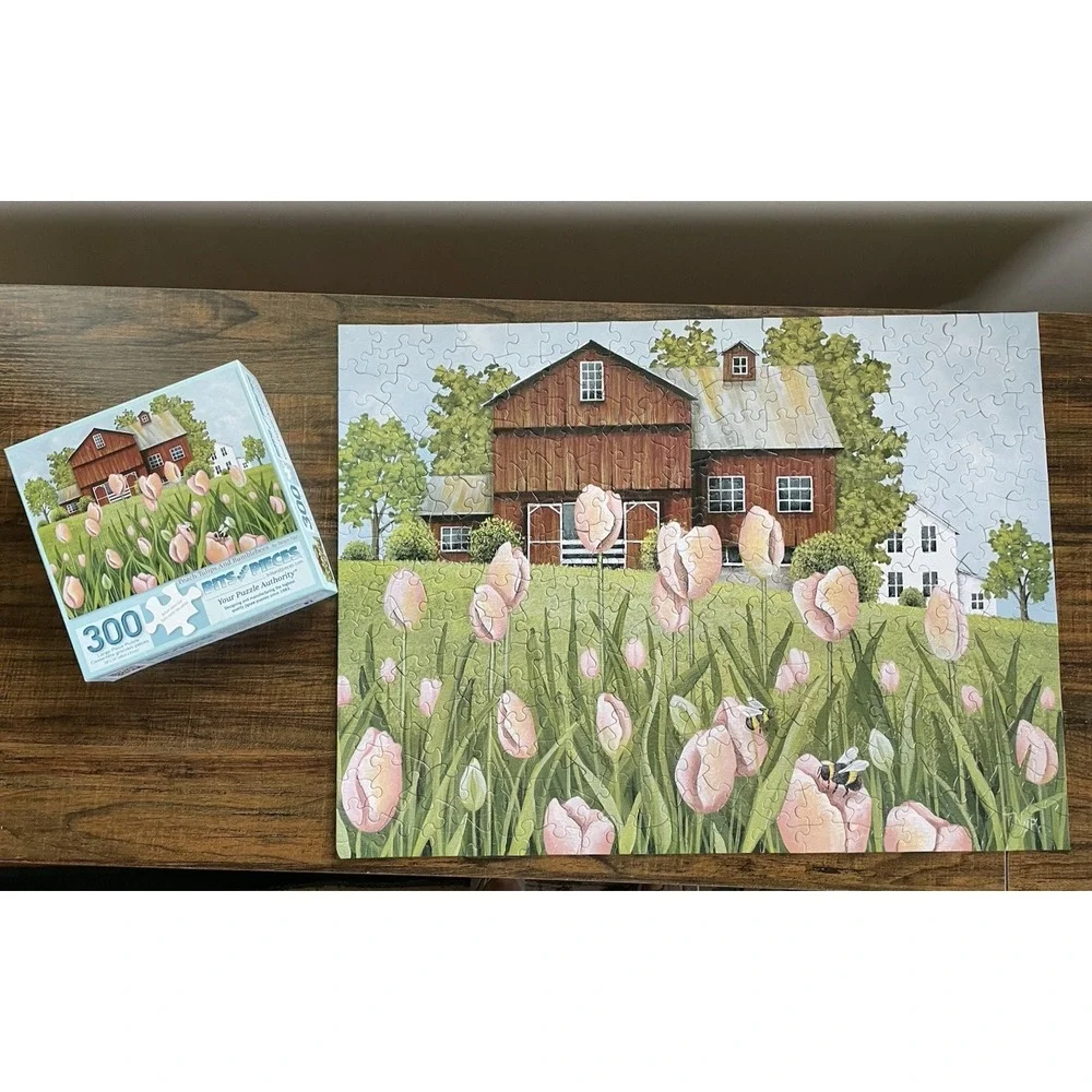 300 Pieces Puzzle Bits and Pieces Peach Tulips and Bumblebees Complete Pre-Owned